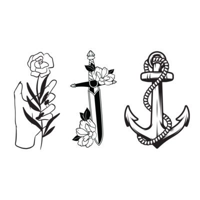 Traditional Tattoo Set, Rose Hand, Dagger & Anchor