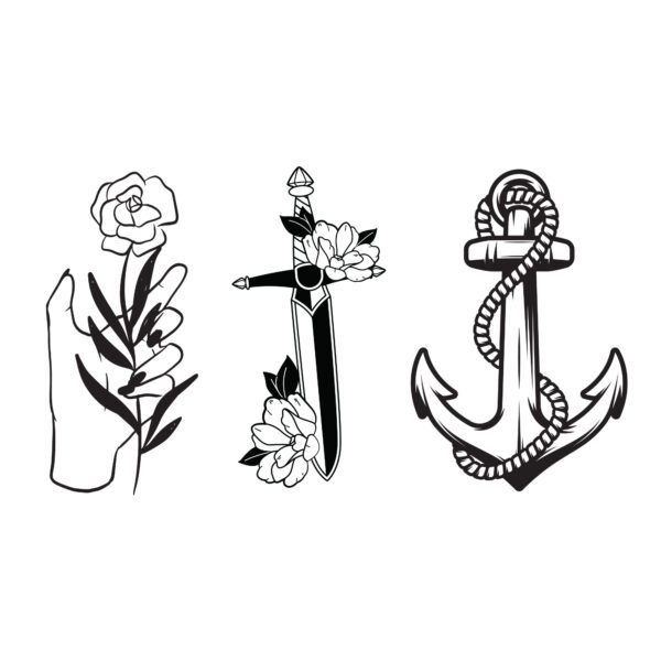Traditional Tattoo Set, Rose Hand, Dagger & Anchor
